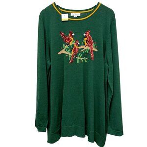 Cardinals Christmas Sweater Plus Size 2X Kim Rogers Sequin Holiday Top Green NEW